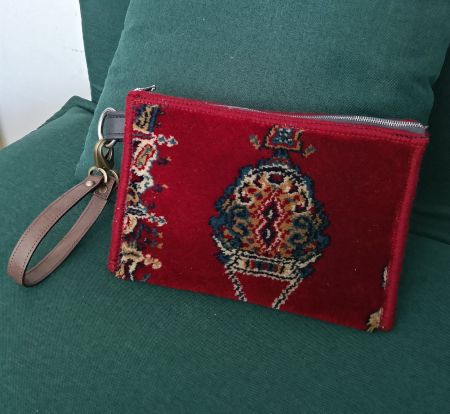 Clutch Teppich Tasche Rot Kilim Muster mit Lederhenkel neu
