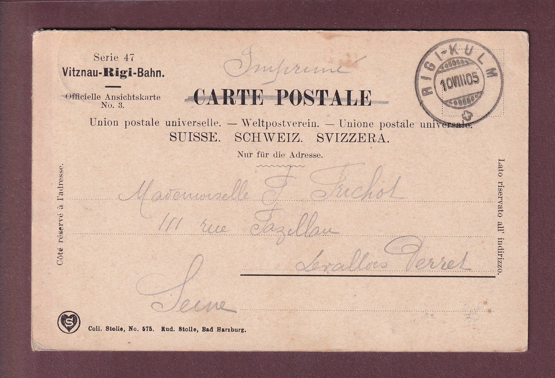 Cartoline postali: VITZNAU - Bahntrace - Kirche - 1905 – Usato da Pully venduto da nicecards 1