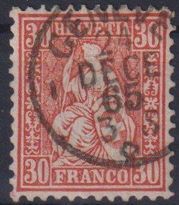 Tous les timbres: Sitzende Helvetia "30", Nr.33, V-O GENEVE++++ – D'occasion à Samnaun-Compatsch par Muckimu