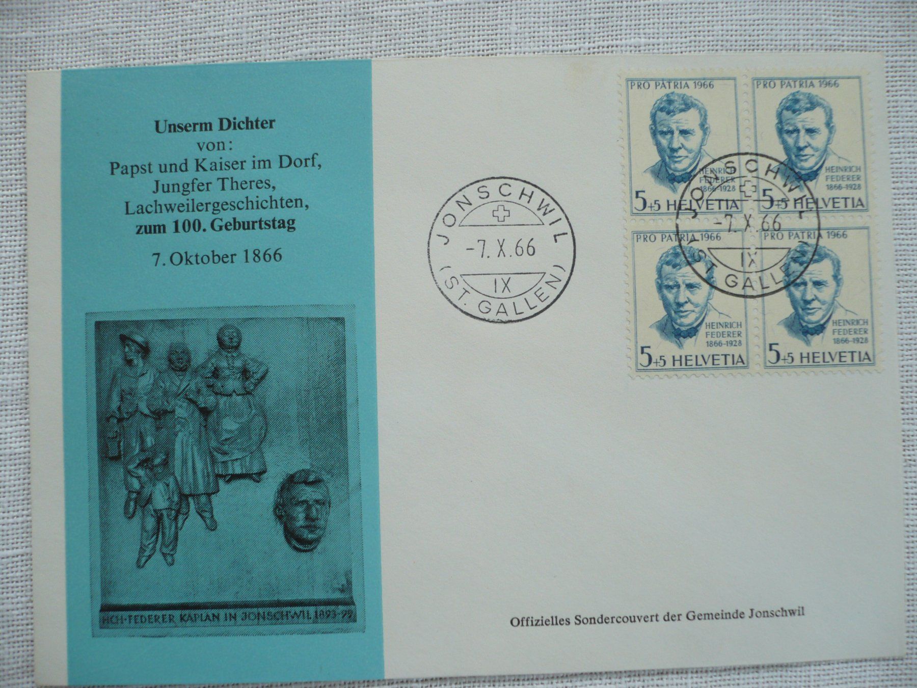 Tutti i francobolli: 1966 100. Geb. Heinr. Federer, Jonschwil, 7.X.66 – Usato da Zürich venduto da saltandpepper008