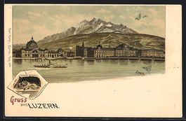 Litho Luzern, Blick vom See auf die Stad