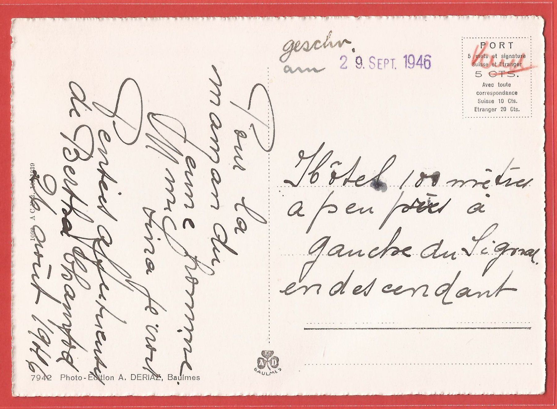 Ansichtskarten: Hôtel du Chasseron mit Oldtimer - Bullet - 1946 – Gebraucht aus Fislisbach von Porano 1