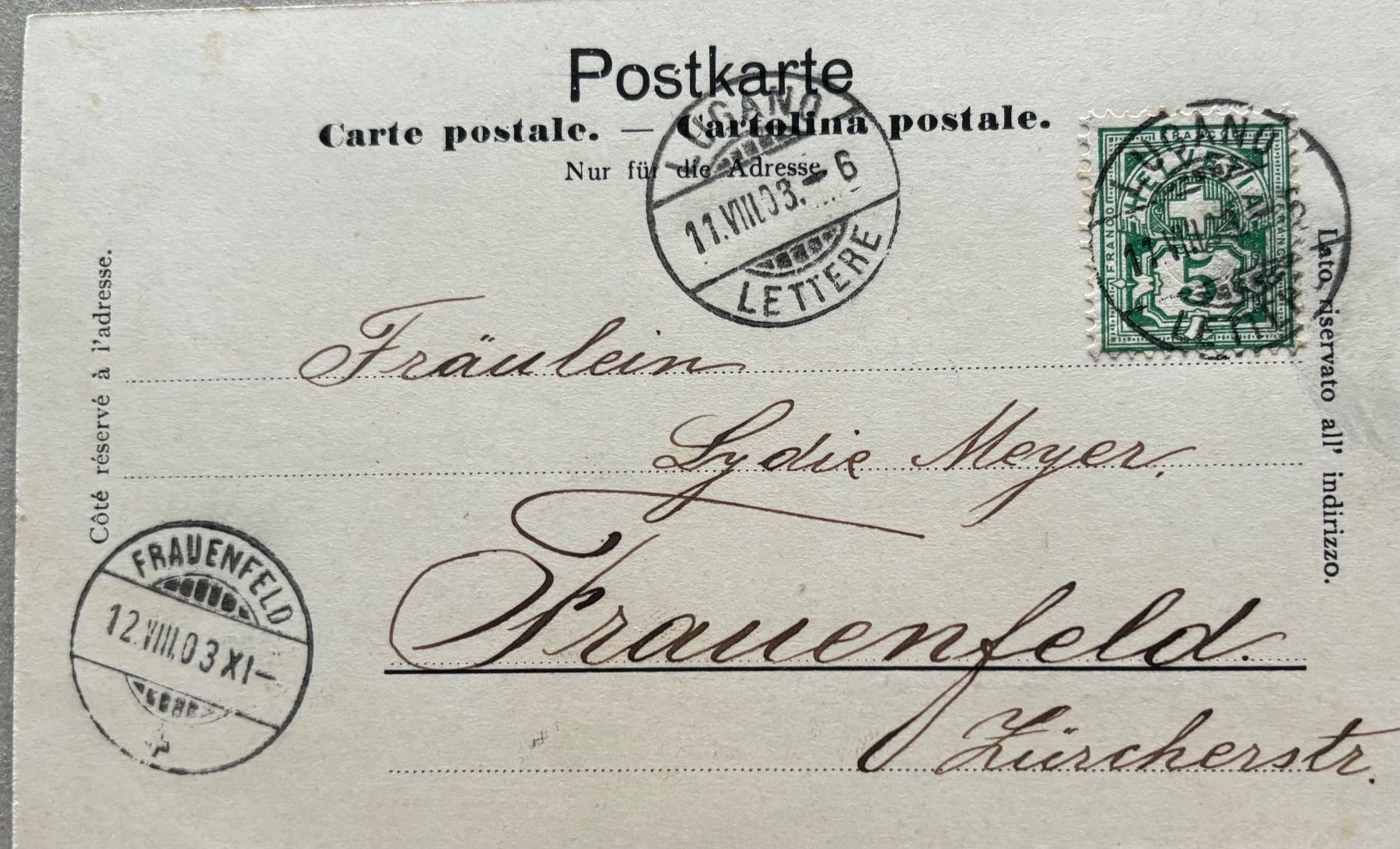 Cartoline postali: Lago di Lugano, Porlezza, 1903 – Usato da Frauenfeld venduto da Merk52 1