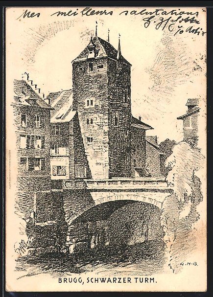Cartoline postali: Künstler-AK Brugg, Schwarzer Turm – Usato da Berlin venduto da bartko-reher