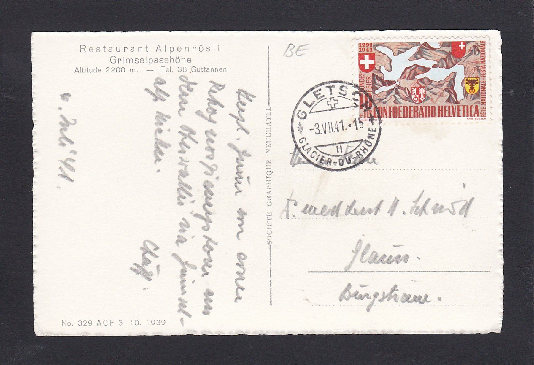Cartoline postali: GRIMSEL Passhöhe, Restaurant Alpenrösli 1941 – Usato da Reiden venduto da cinfis 1