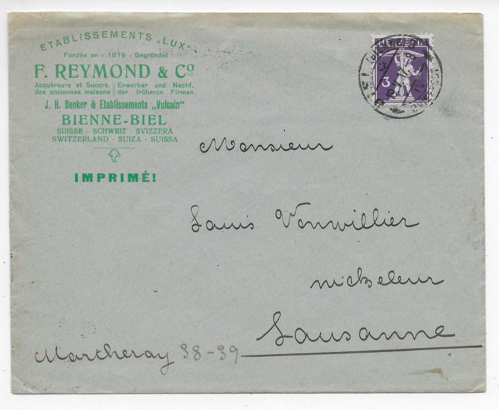 Alle Briefmarken: F.Reymond & Co Bienne-Biel – Gebraucht aus Hefenhofen von Richsalz
