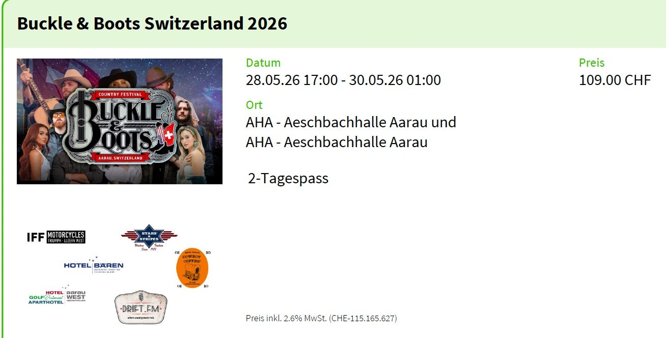 Biglietti: Buckle & Boots Aarau Ticket – Nuovo (secondo la descrizione) da Egliswil venduto da Steve_v