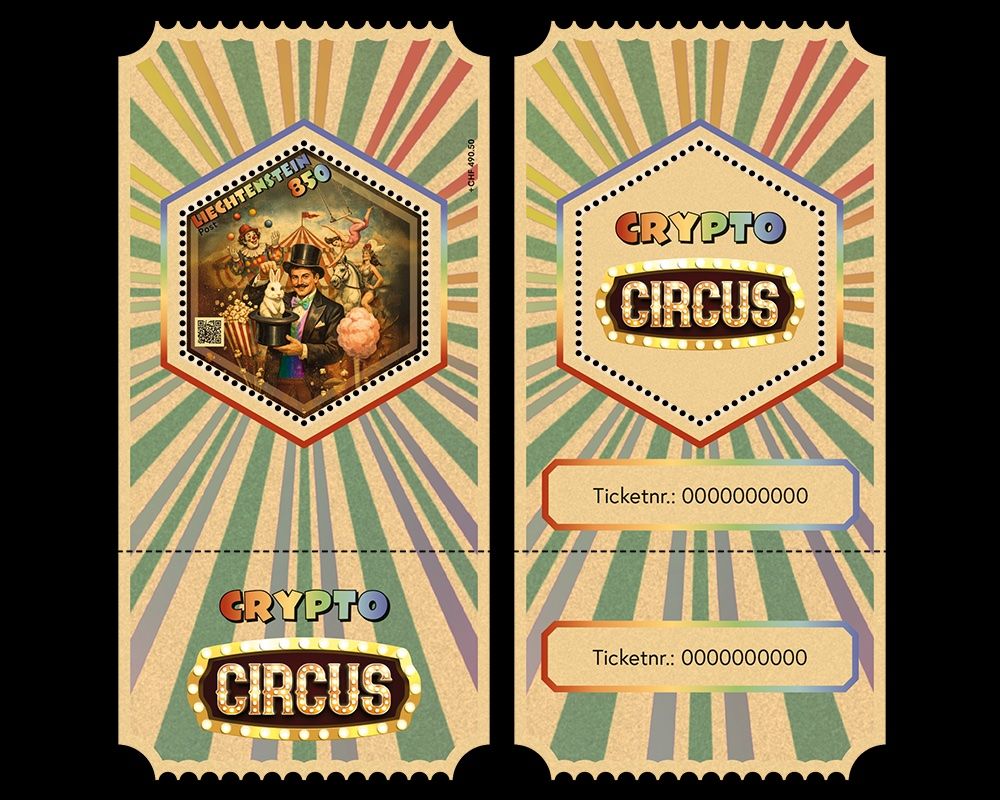 Tutti i francobolli: 3 Kryptobriefmarken Liechtenstein "Crypto Circus" Regenbogen – Nuovo e nell'imballaggio originale da Uster venduto da Aladin79 2