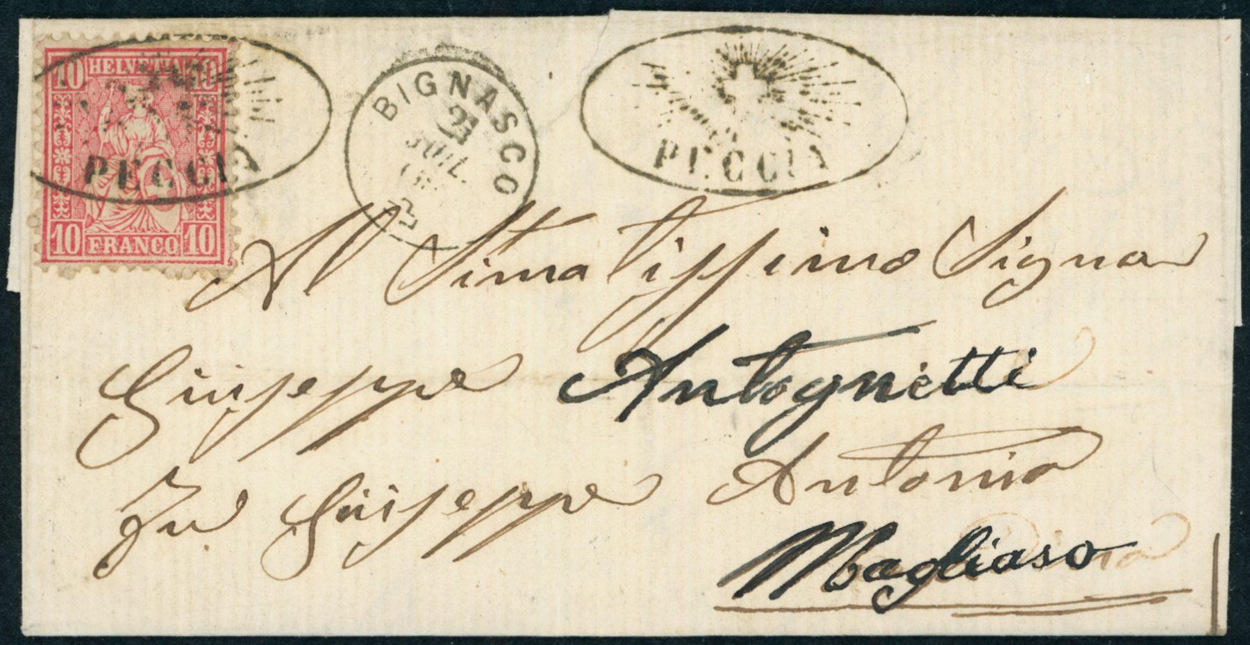 Alle Briefmarken: TI Peccia - Strahlenstempel - Bignasco - Fingerhutstempel – Gebraucht aus Schindellegi von leecollect