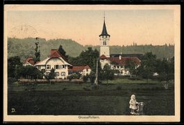 AK Grossaffoltern, Ortsansicht mit Kirche u. Kind mit Hund