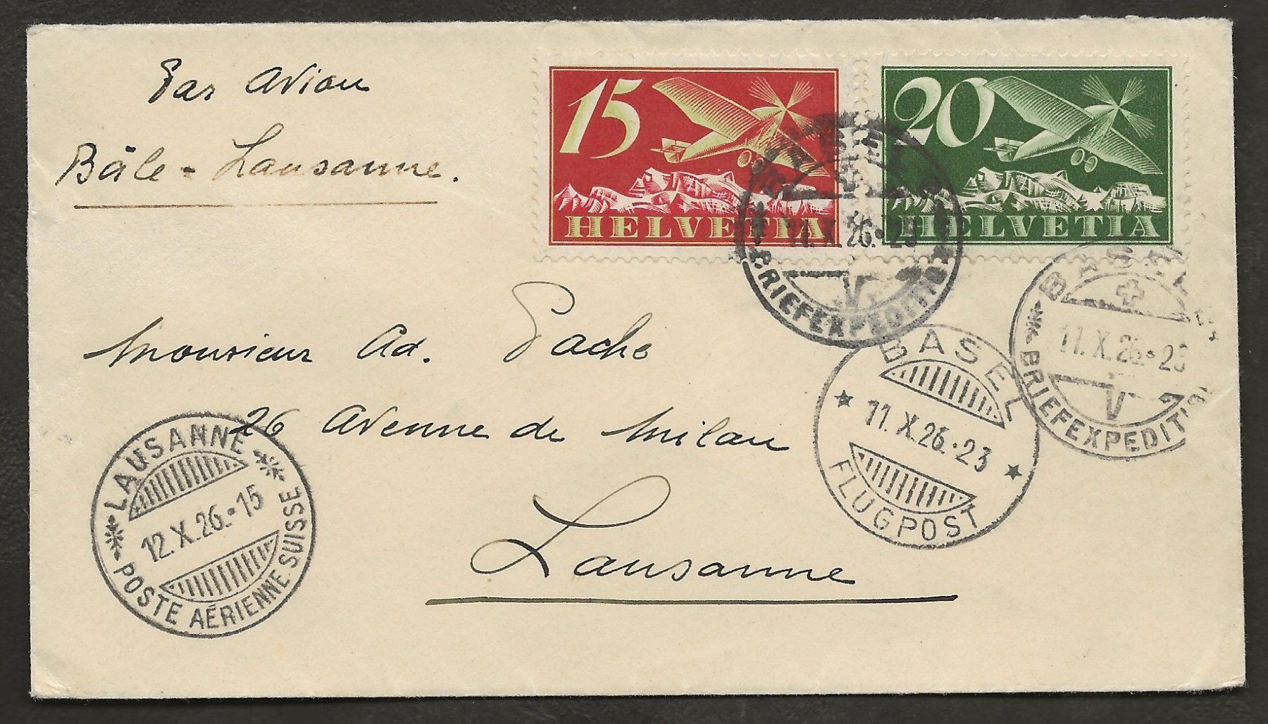 Tutti i francobolli: Flugpost Schweiz 1926 Basel Lausanne – Usato da Au ZH venduto da xelagreb01