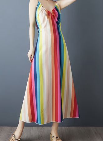 Abito di viscosa lungo estivo a righe multicolore-tgM/L-new