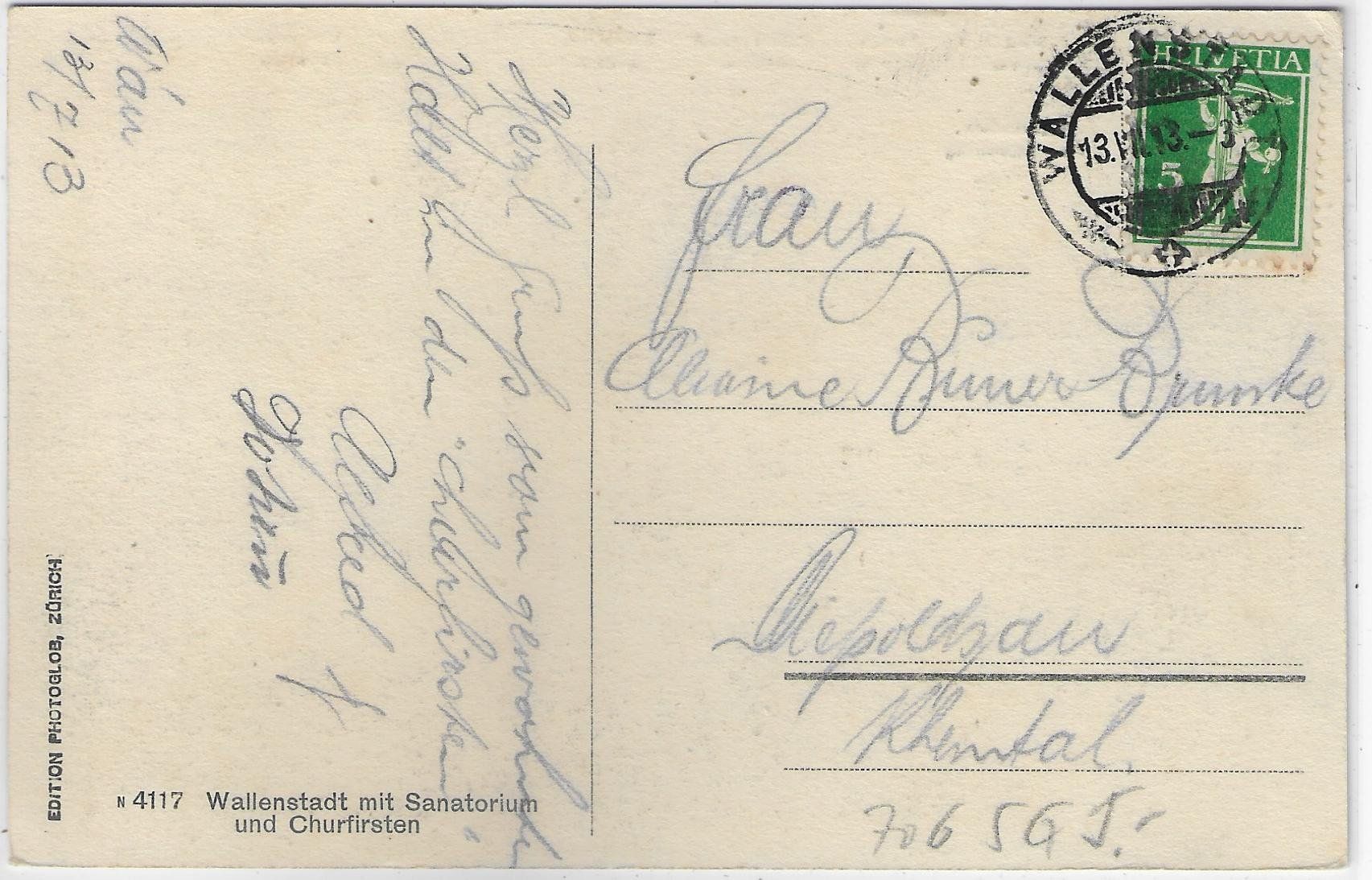 Cartoline postali: Wallenstadt mit Sanatorium und Churfirsten – Usato da Ettingen venduto da Kartenplanet 1