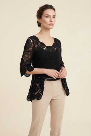 Tunique Crochet Noir Péplum Manches 3/4 T. M
