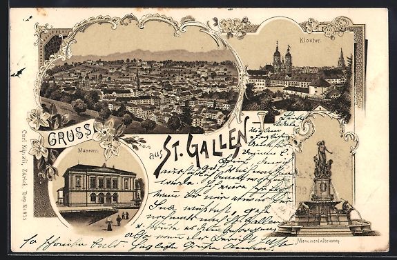 Cartoline postali: Litho St. Gallen, Museum, Kloster, Monum – Usato da Berlin venduto da bartko-reher