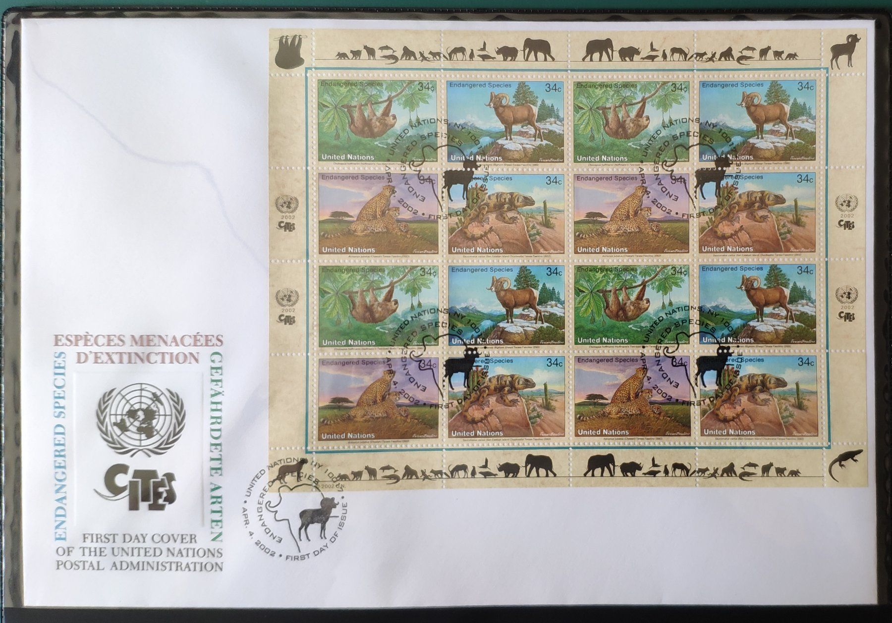 Alle Briefmarken: UNO N.Y. 4.4.02 FDC Gefährdete Tierarten – Gebraucht aus Volketswil von Spacepanda