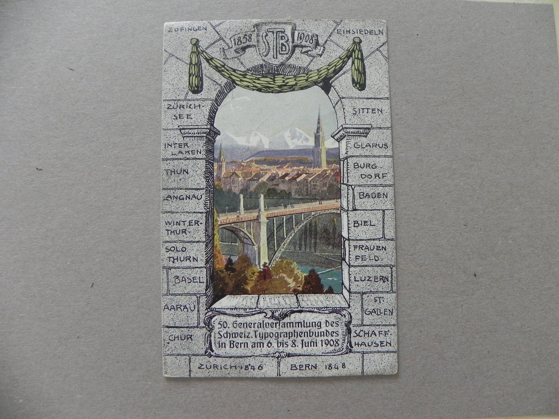 Ansichtskarten: Ansichtskarte Generalversammlung Typographenbund Bern 1908 – Gebraucht aus Siebnen von krimsie