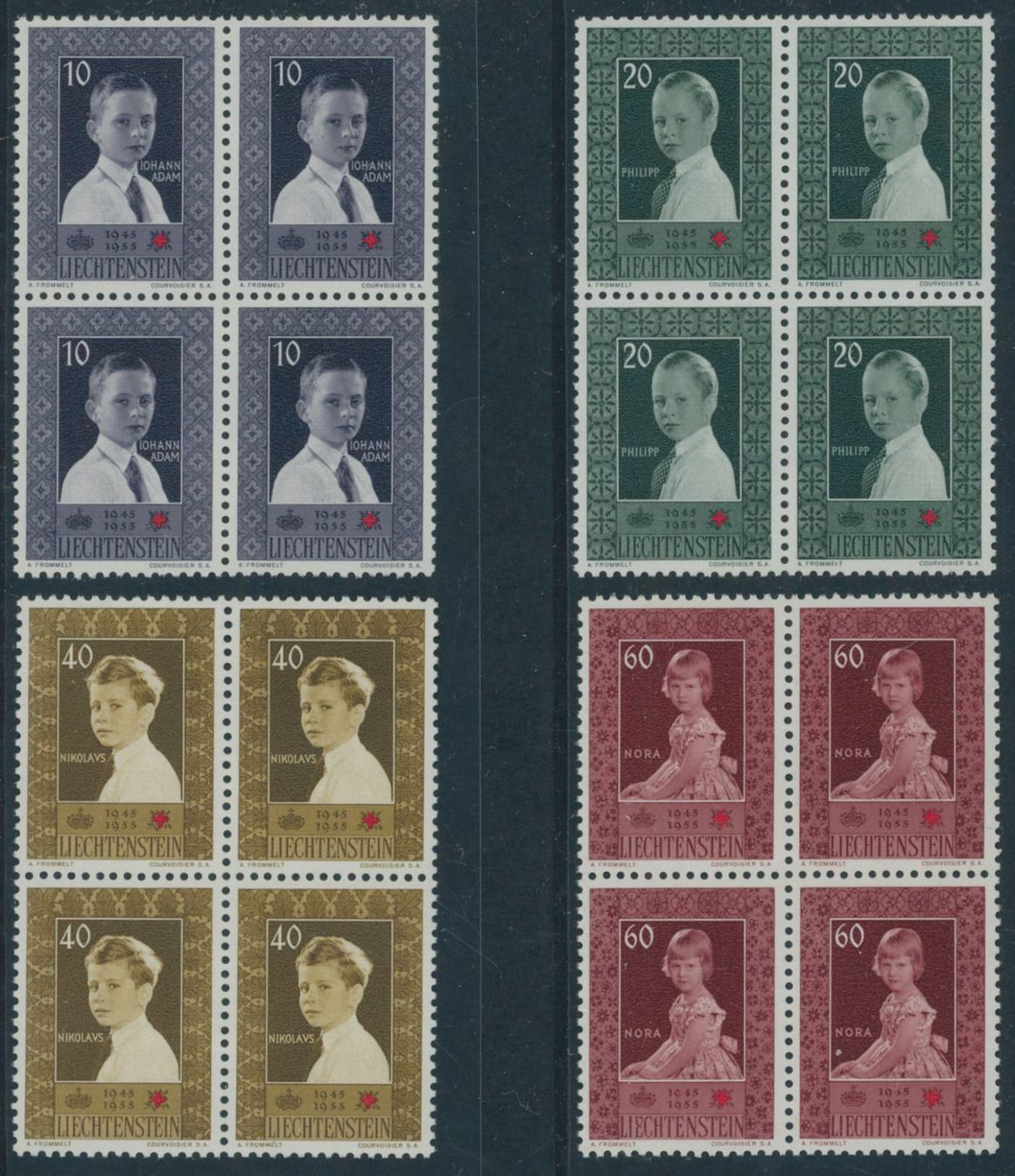 Tous les timbres: FL - 1955 - Rotes Kreuz - Viererblock - postfrisch ** – Neuf (Voir description) à Schindellegi par leecollect