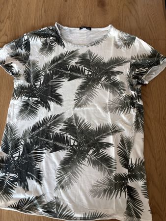 T-Shirt Palmen Print Weiss Schwarz Grösse L