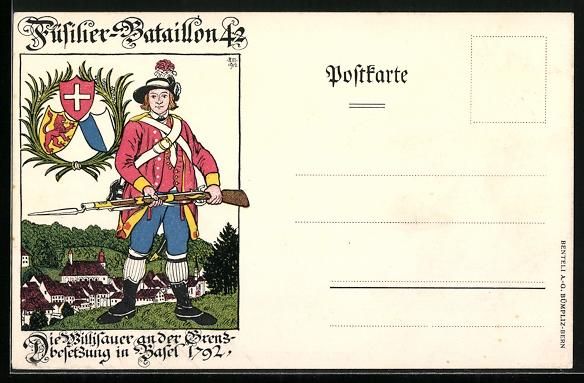 Foto, Lettere & Cartoline: Litho Basel, Schweizer Soldat des Füsil – Usato da Berlin venduto da bartko-reher
