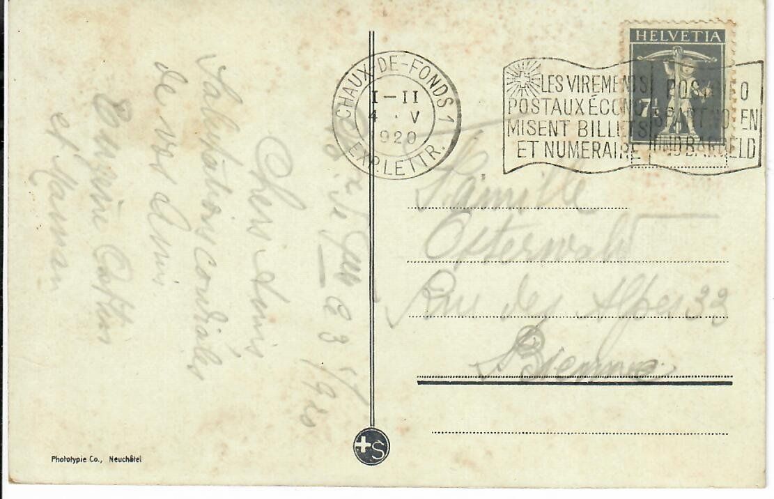 Cartoline postali: La Chaux de Fonds  1920 – Usato da Hochdorf venduto da Ziegel-16 1