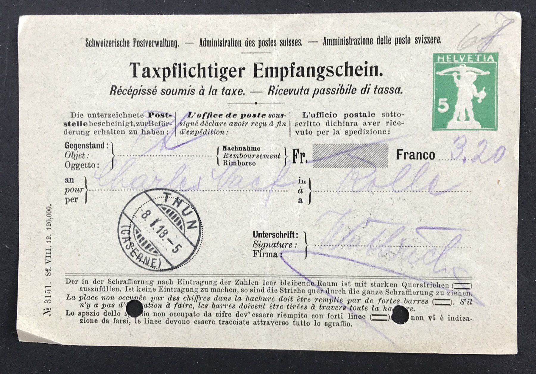 Tutti i francobolli: TAXPFLICHTIGER-EMPFANGSCHEIN 1918 – Usato da Ostermundigen venduto da Kari1937