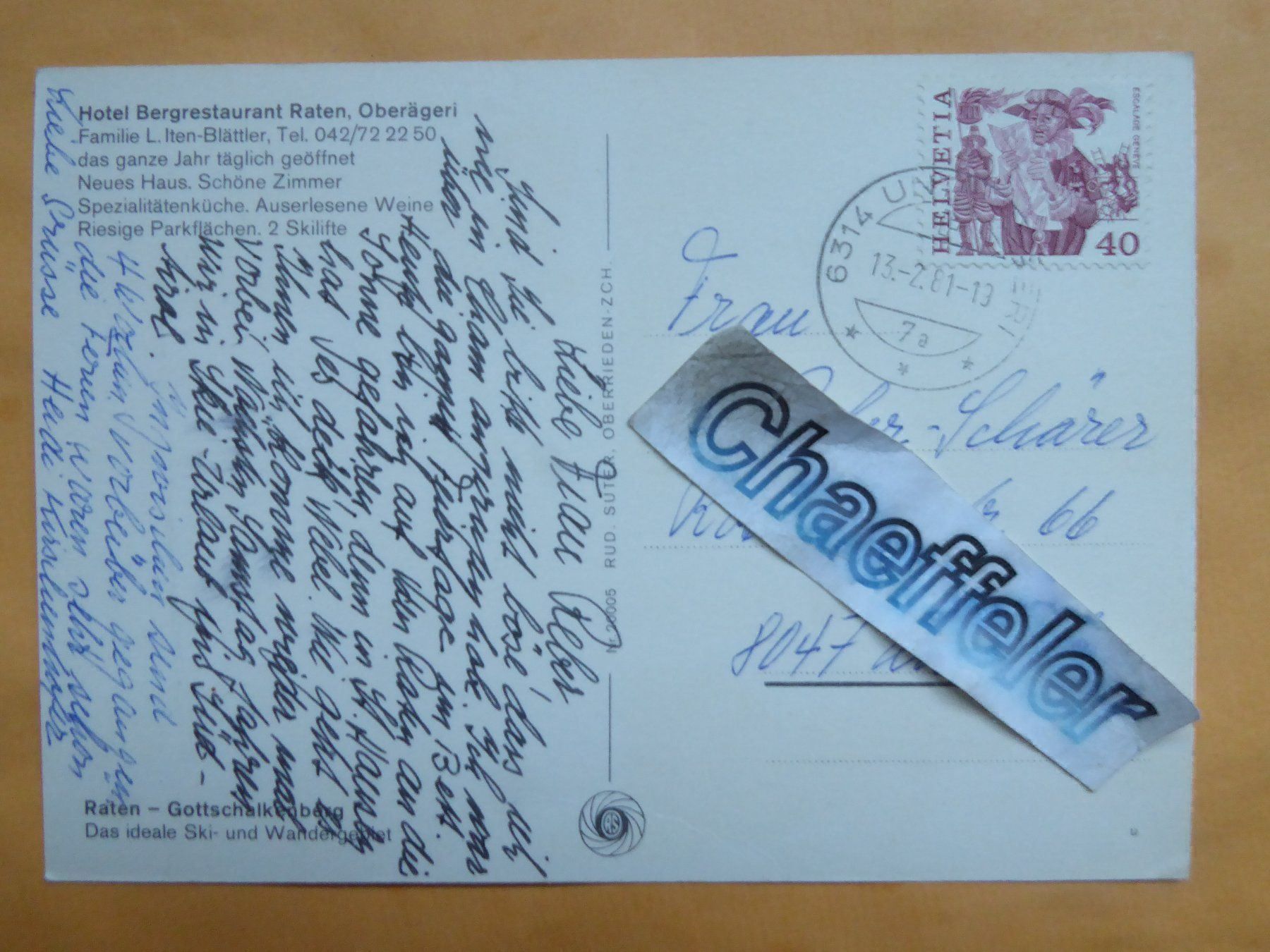 Cartoline postali: 1981 Hotel Bergrestaurant Raten, Oberägeri – Usato da Zürich venduto da Chaeffeler 1