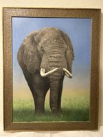Ölgemälde: Majestätischer Elefant im Gras, gerahmt!