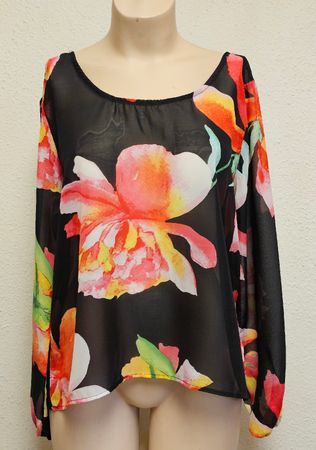 AMISU Transparente Blumenbluse Gr. L – Schwarze Chiffon Tuni