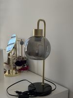 Lampe de table laiton et verre fumé pied noir 40 cm