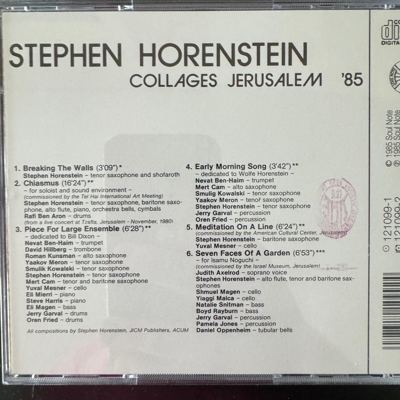 CD: Stephen Hornstein - Collages Jerusalem '85 (CD Soul Note) – Usato da Zug venduto da Mirare9 2