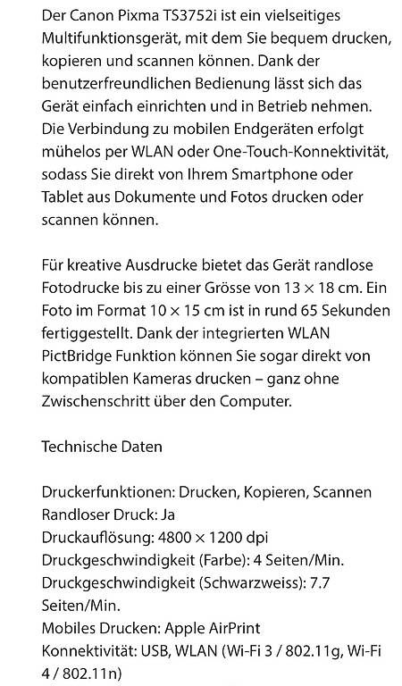 Canon Drucker: Drucker - Canon Pixma TS3752i – Neu (gemäss Beschreibung) aus Widnau von Sandra81 2