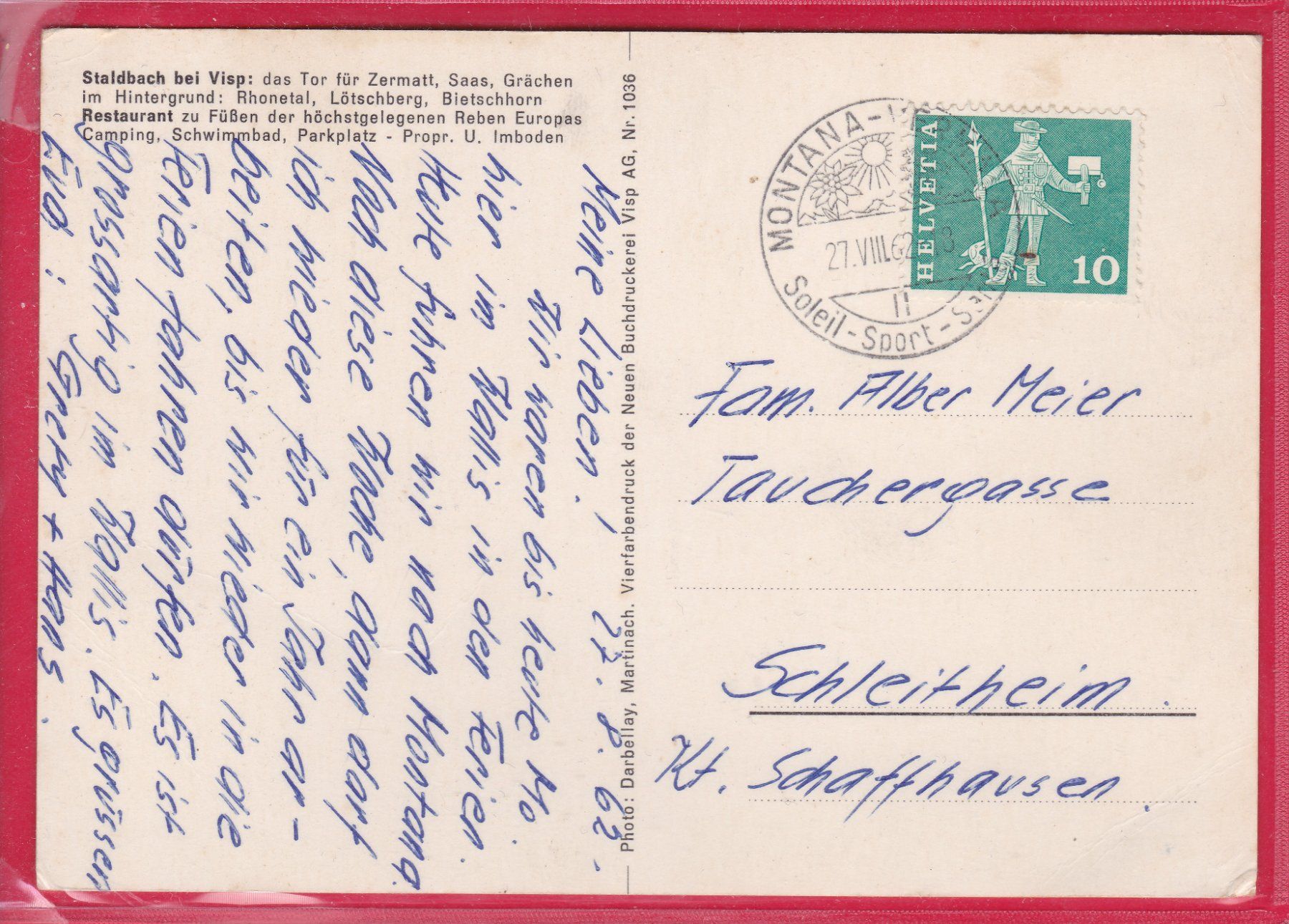 Cartes postales: STALDBACH BEI VISP, 27.8.1962 – D'occasion à Oberrieden par Gebirgsstelze 1