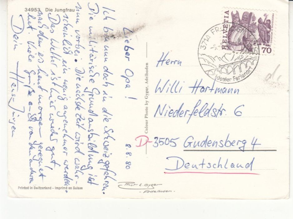 Cartoline postali: Jungfrau 1980 – Usato da Bürglen TG venduto da StampGraf 1