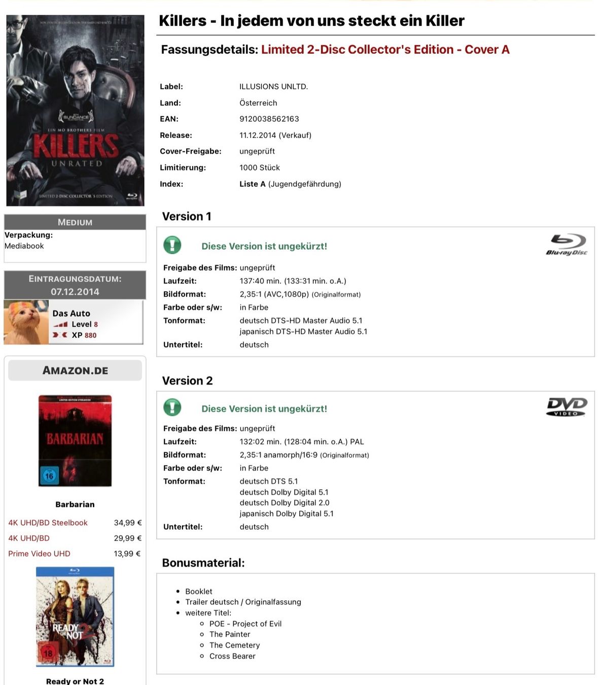 Alle DVDs: Killers Unrated Blu-ray 2-Disc Collector's Edition Mediabook – Neu und originalverpackt aus Altstätten SG von sheamus 2