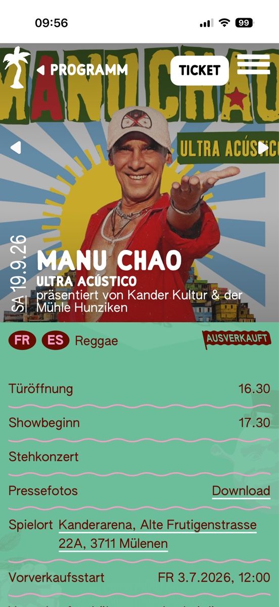 Billets: 4 Tickets Manu Chao Konzert – Neuf (Voir description) à Würenlos par Diegidoo