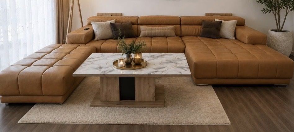 Divani: Ecksofa Leder Optik Cognac mit Hocker – Usato da Sirnach venduto da sul_fs2g