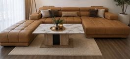 Ecksofa Leder Optik Cognac mit Hocker