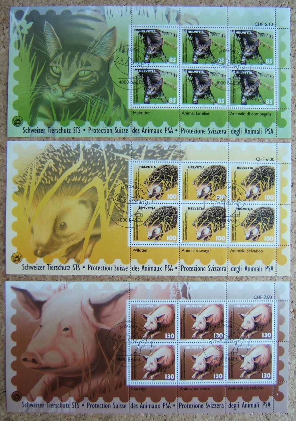 Tutti i francobolli: 3 KLEINBOGEN SCHWEIZER TIERSCHUTZ MIT ET-STEMPEL 2004 – Usato da Brunnen venduto da Nonne04
