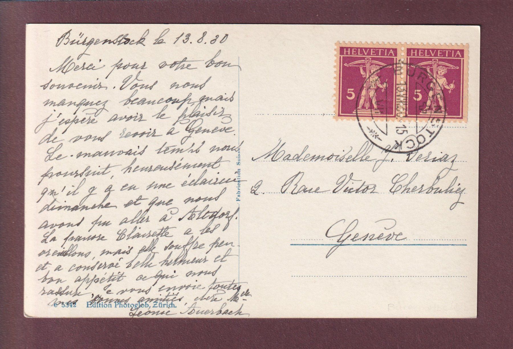 Cartoline postali: BÜRGENSTOCK - Aufzug - 1930 – Usato da Pully venduto da nicecards 1