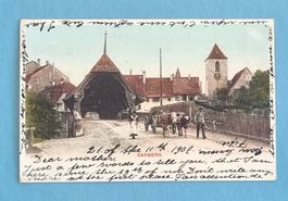 Aarberg - Bauer mit Ochsengespann bei der Holzbrücke - 1907