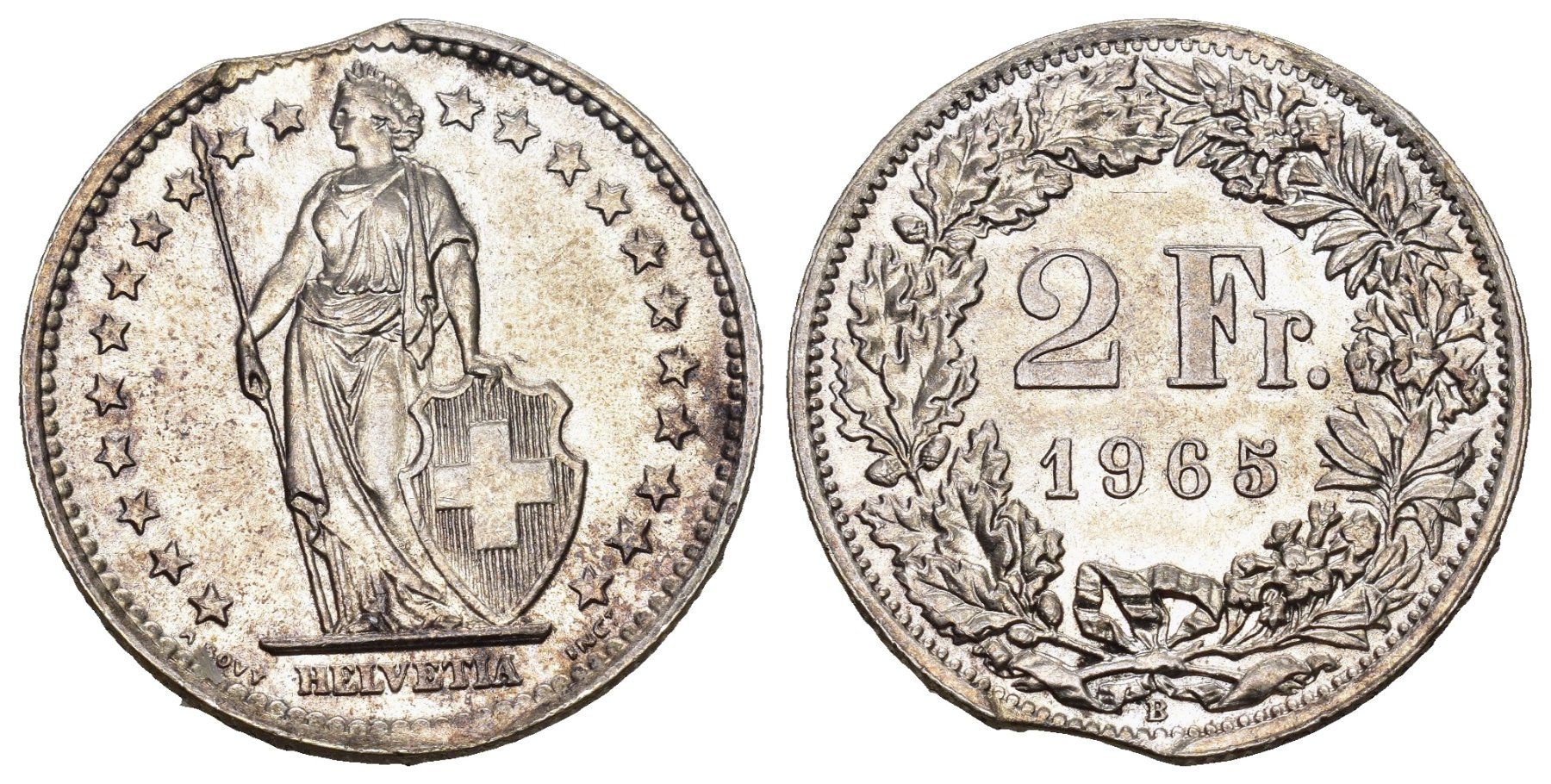 Tutti le monete: Schweiz 1965 2 Frankne Abart – Usato da Bern venduto da numismatictops