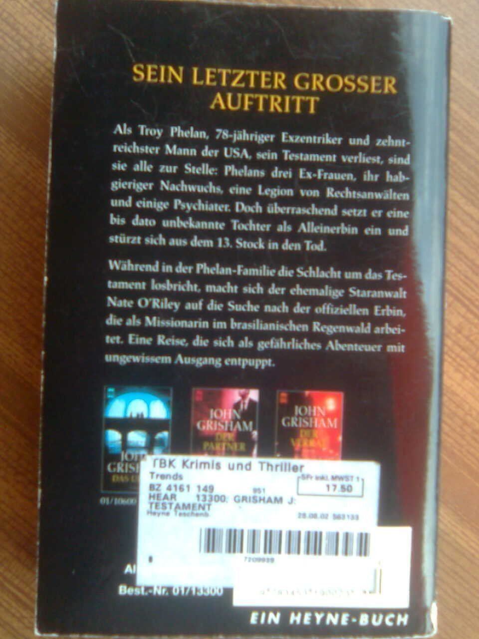Bücher: Das Testament John Grisham – Gebraucht aus Basel von Alacant 1