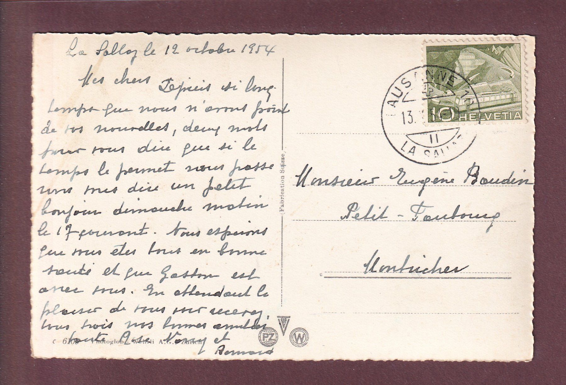 Ansichtskarten: ZWEISIMMEN - Teilansicht - 1954 – Gebraucht aus Pully von nicecards 1