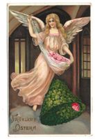 Fröhliche Ostern - Engel bringt Rosen - Glocke - Litho 1909