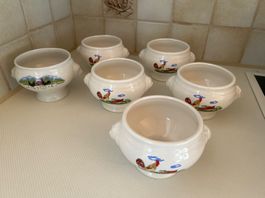 6 Keramik Suppentassen mit Hahn-Motiv, Vintage Design
