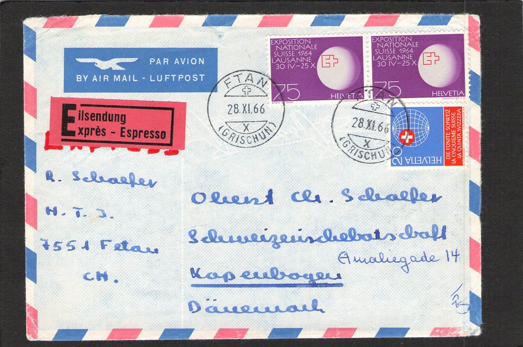 Tutti i francobolli: CH- Botschaft in Dänemark ,Ftan GR , 28.Xl.1966 – Usato da Reichenburg venduto da Pipo-67