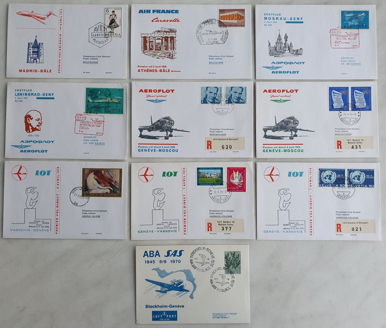 Alle Briefmarken: 10 Erstflüge 1970 – Gebraucht aus Fislisbach von Zigzag12