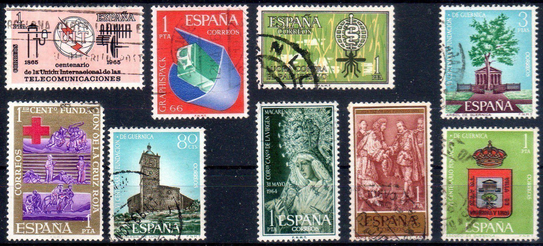 Tutti i francobolli: SPANIEN 1966 9 VERSCHIEDENE MARKEN GESTEMPELT - T12 – Usato da Losone venduto da EM2019