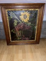 Antikes Ölgemälde Sonnenblumen & Trauben im Holzrahmen